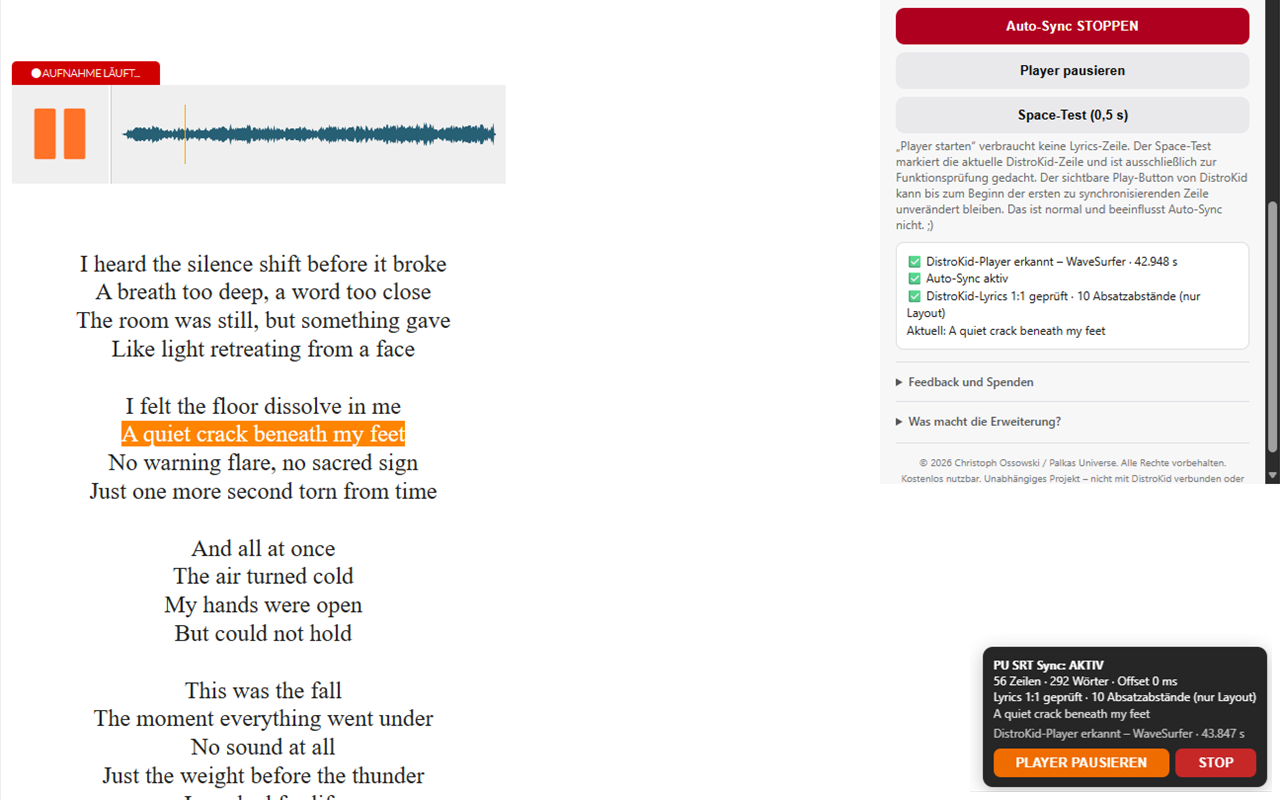 Palkas Universe SRT Sync inside DistroKid’s Synced Lyrics Editor